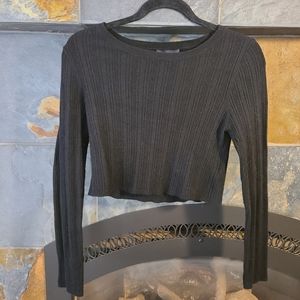 House of Harlow Black Ribbed Cropped Cashmere and Wool Blend Scoop Neck Sweater